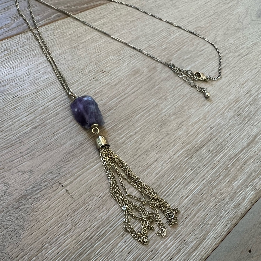 Gold and Amethyst Long Tassel Necklace - Picture 4 of 6